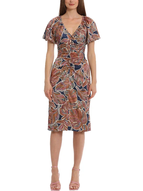 Womens Floral Ruched Midi Dress