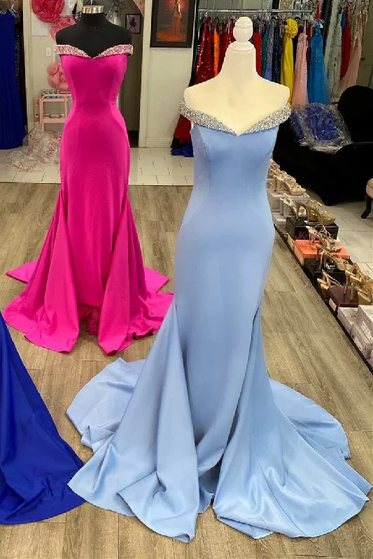 Light Blue Beaded Off-the-Shoulder Trumpet Long Prom Dress