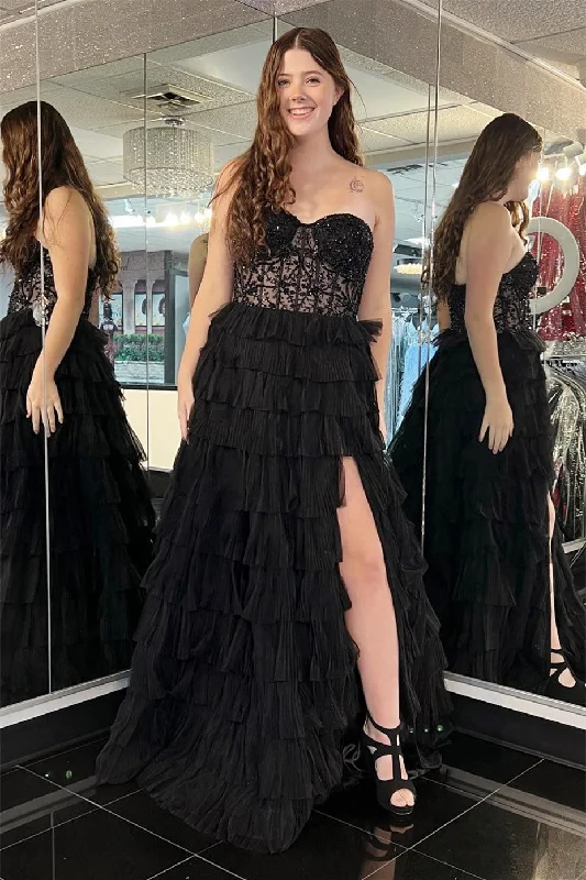 Black Strapless Appliques Multi-Layers Long Prom Dress with Slit