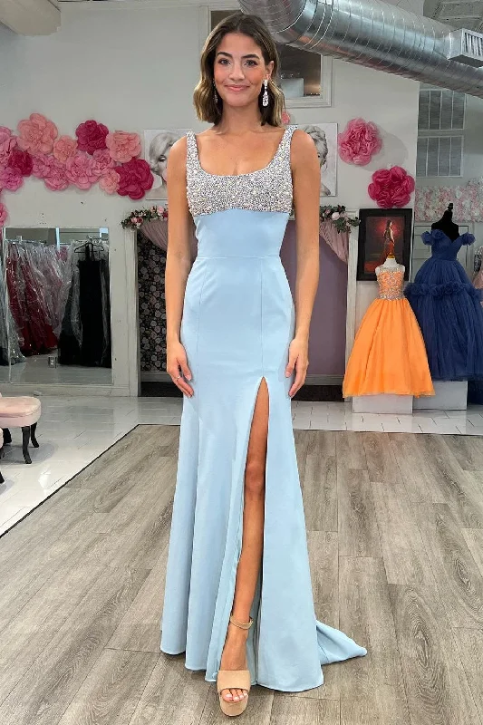 Beaded Square Neck Mermaid Long Prom Dress with Slit