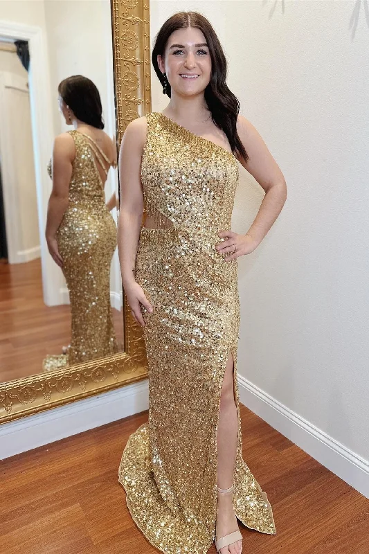 Gold Sequin Fringes One-Shoulder Cutout Long Prom Dress with Slit