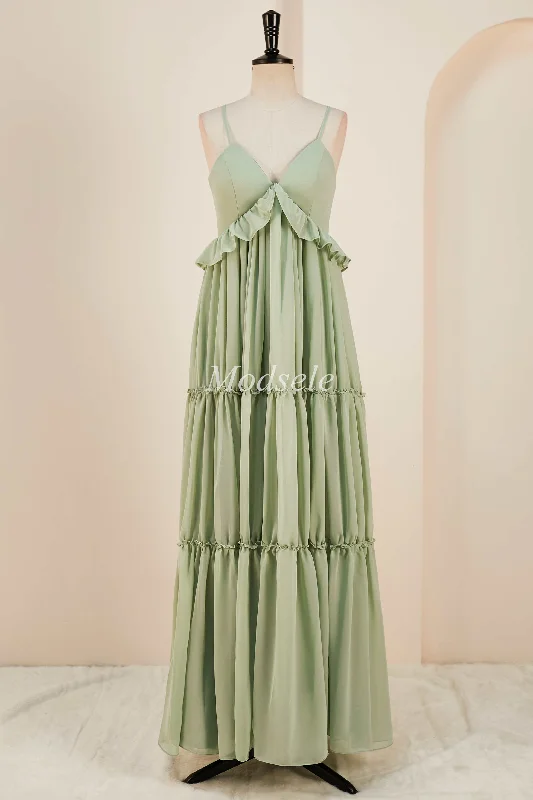 Dusty Sage V-Neck Ruffle A-Line Long Dress with Spaghetti Straps