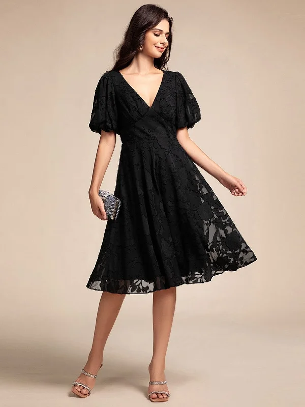 Puff Sleeve V-Neck Midi Wedding Guest Dress