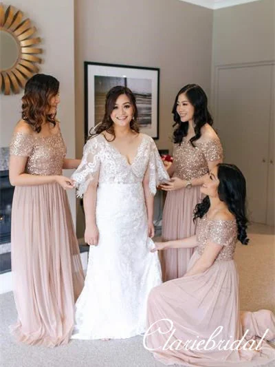 Off Shoulder A-line Short Sleeves Chiffon Sequin Long Bridesmaid Dresses