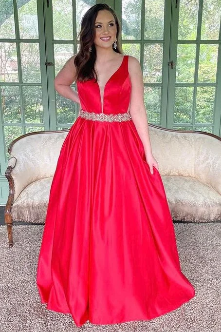 Red Plunging Neck Belted A-Line Long Prom Dress