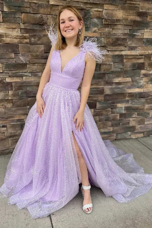 Lilac Sequin Feather V-Neck A-Line Long Prom Dress with Slit