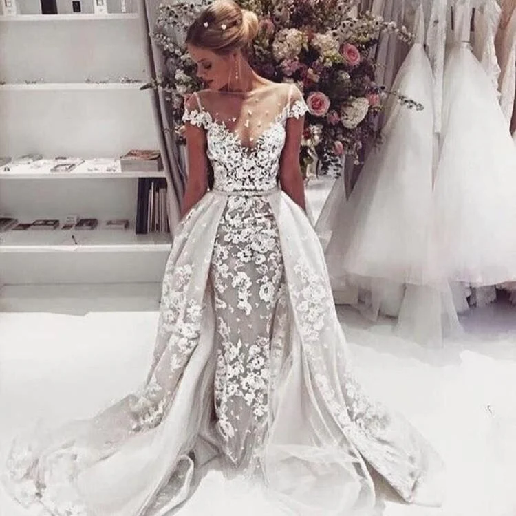 Unique Design Cap Sleeves Lace Illusion  Popular  Wedding Dresses, Princess Modest Beach Romantic Fall Ball Gown , WD0308