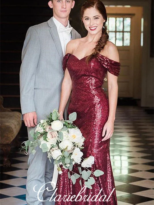 Off Shoulder Long Mermaid Burgundy Sequin Long Bridesmaid Dresses