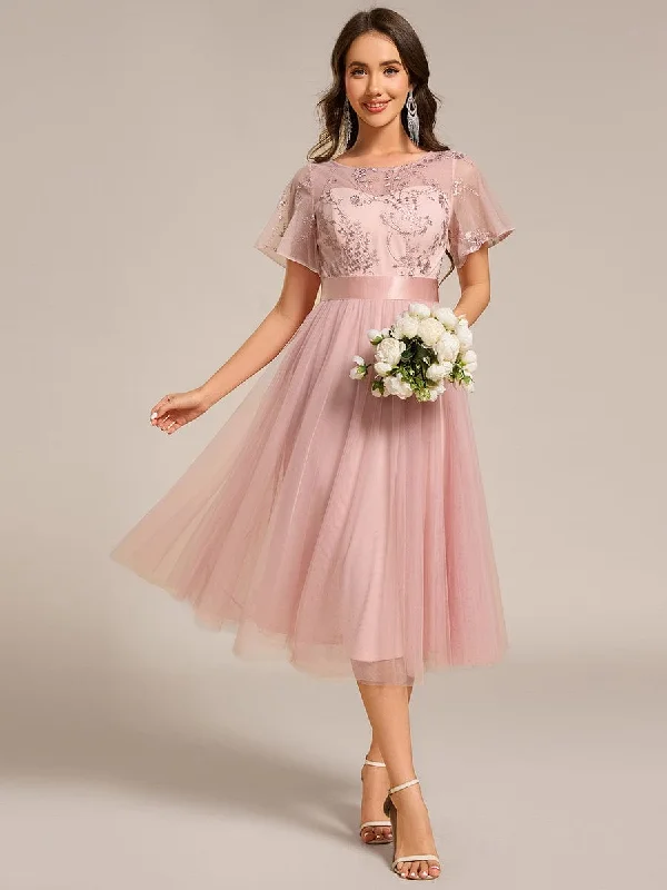 Embellished Tulle Midi Bridesmaid Dress with Sheer Sleeves