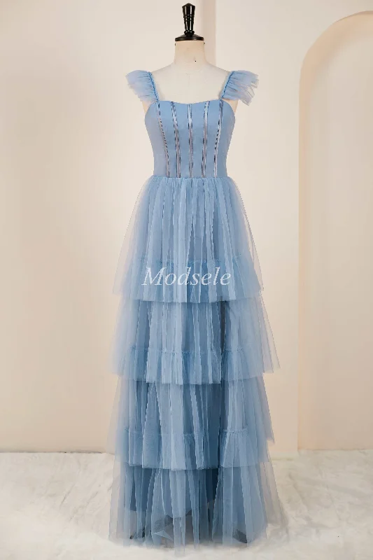 Smoky Blue Tiered A-Line Long Prom Dress with Flutter Sleeves