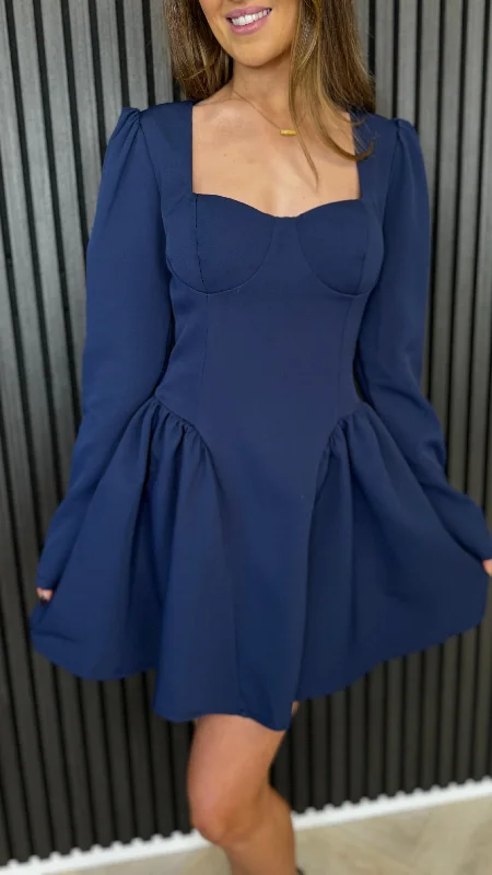 Ruby Navy Square Neckline Full Skirt Detail Mini Dress