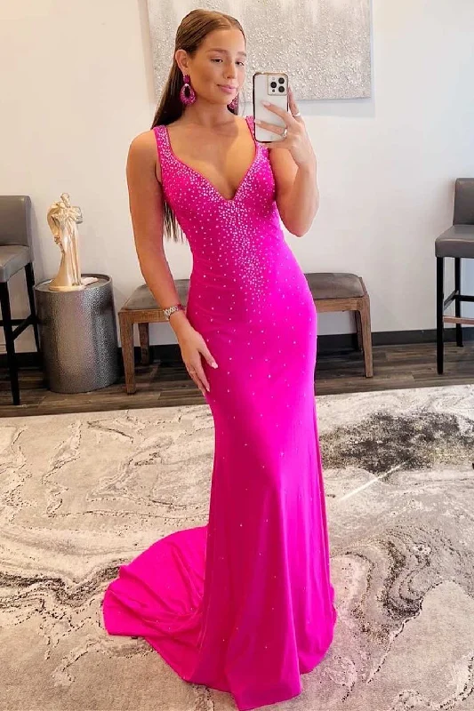 Violet Beaded V-Neck Cross-Back Mermaid Long Prom Dress