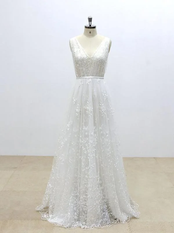 Simple V Neck Lace Cheap A-line Wedding Dresses Online, WD371