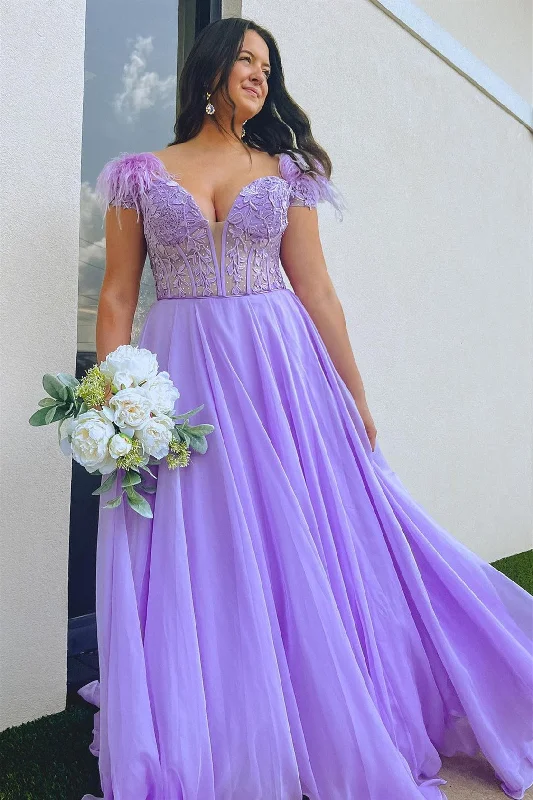 Lavender Plunging Off-the-Shoulder Feathers Appliques Long Prom Dress