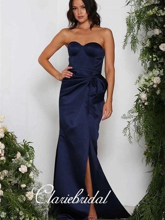 Sweetheart Mermaid Side Slit Chic Design Navy Prom Dresses, Bridesmaid Dresses