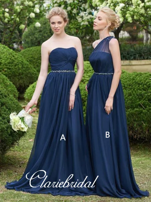 Mismatched Navy Chiffon Beaded Long Bridesmaid Dresses