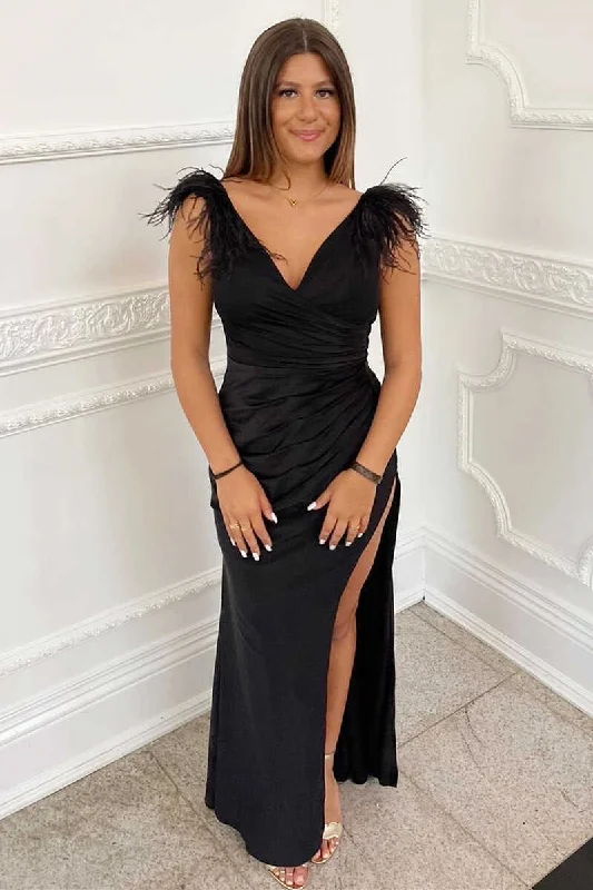 Black Feather V-Neck Long Prom Dress with Slit