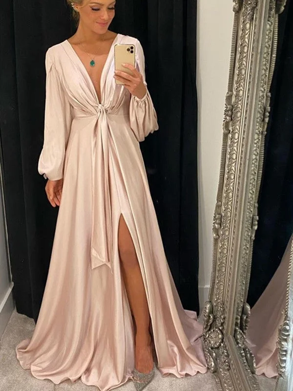 Long Sleeves Popular Long Prom Dresses, A-line 2022 Bridesmaid Dresses, Girl Graduation Party Dresses