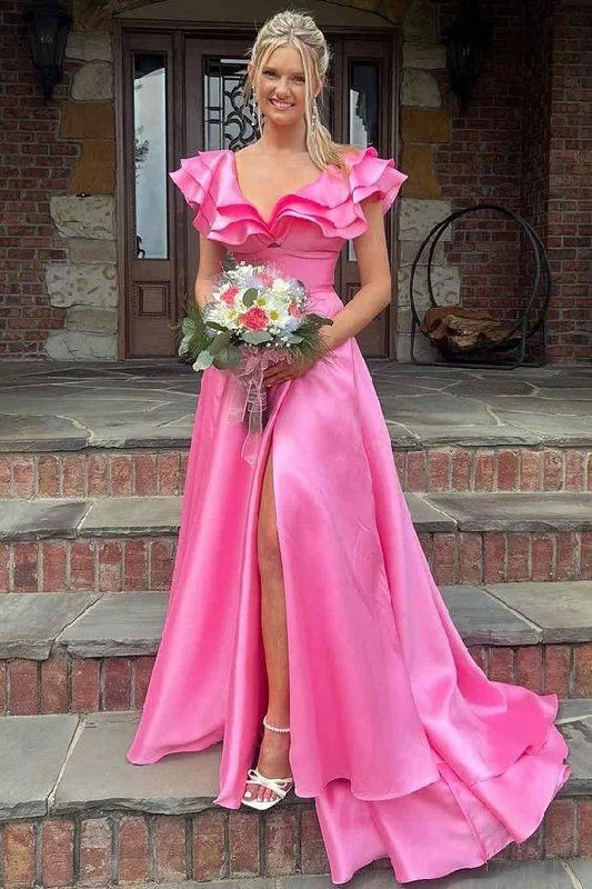 A-Line Pink V-Neck Sleeveless Satin Ruched Long Prom Dress with Slit