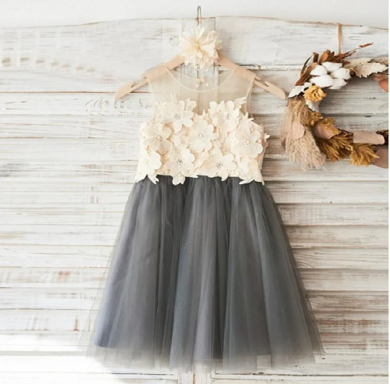 Top Lace Appliques Grey Tulle Sleeveless Cute Custom Flower Girl Dresses, Junior Bridesmaid Dresses, FG088