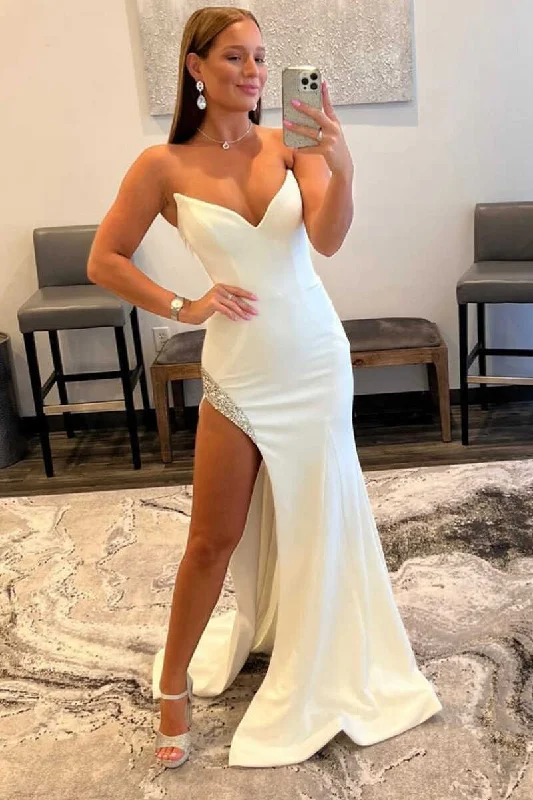 White Strapless Mermaid Long Prom Dress with Bead Trimmed Slit