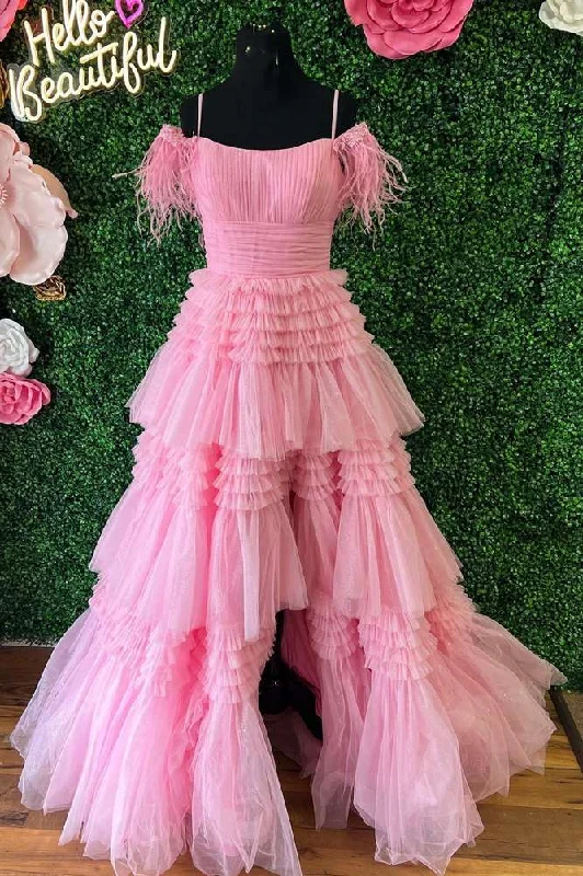 Pink Feather Cold-Shoulder Tiered Long Prom Dress with Ruffles