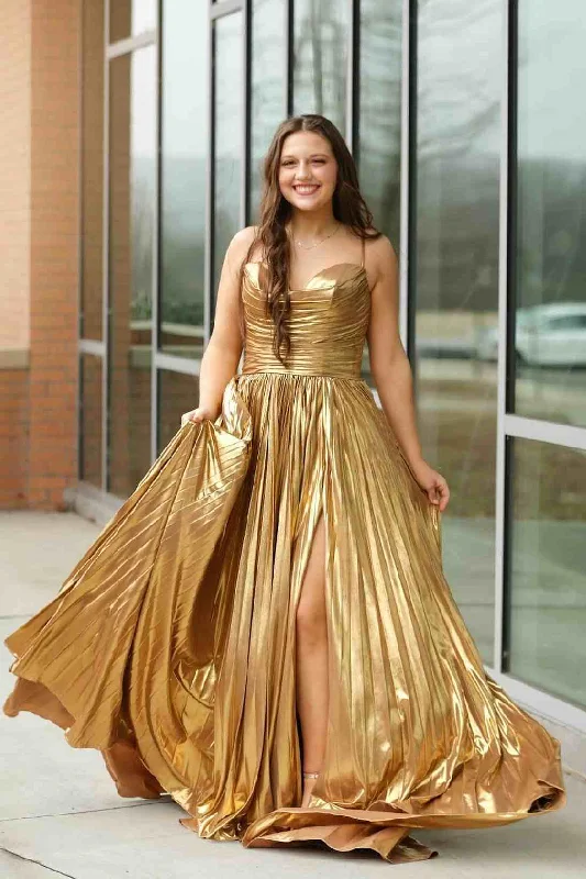 Gold A-Line Spaghetti Straps Metallic Empire-Waist Pleated Long Prom Dress with Slit