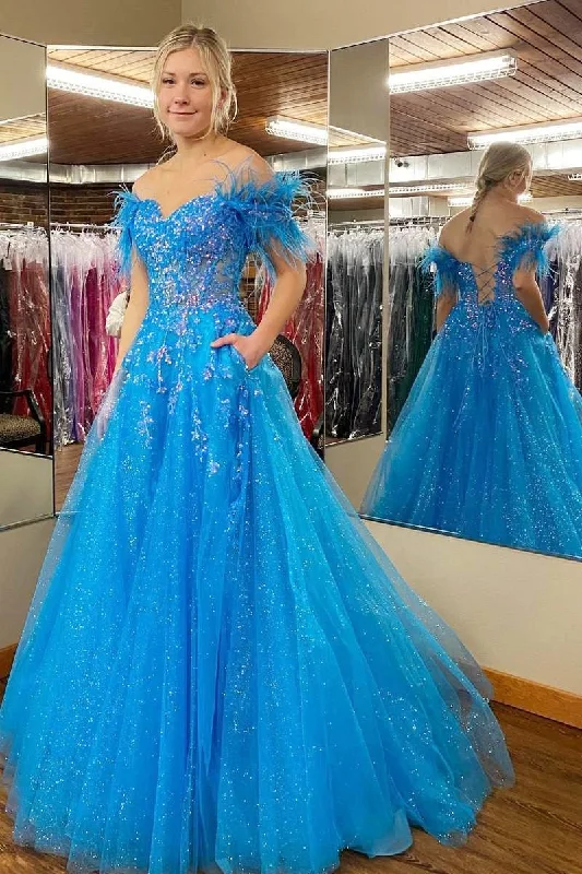 Blue Tulle Feather Off-the-Shoulder Lace-Up A-Line Long Prom Dress