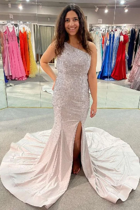 Glitter Silver Beaded One-Shoulder Mermaid Long Prom Dress