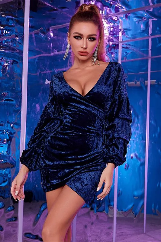 Royal Blue Velvet V-Neck Balloon Sleeve Pleated Bodycon Mini Dress