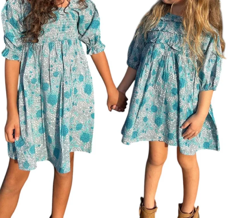 Girls Smocked Midi Dress In Turquoise