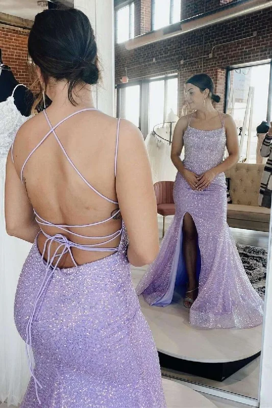 Lavender Sequins Square Lace-Up Back Mermaid Long Prom Dress