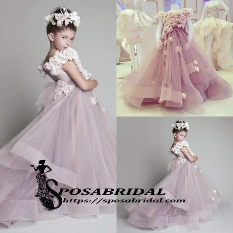 Purple Pink  A-line Beautiful New Arrival Flower Girl Dress, Junior Bridesmaid Dresses with handmade flowers, FG119