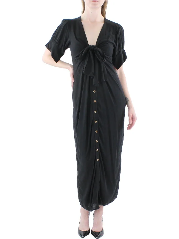 Womens Tie-Neck Puff Sleeve Midi Dress