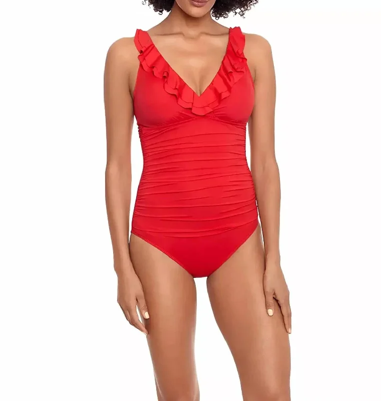 Beach Club Solid Ruffle One-Piece Bikini In Red