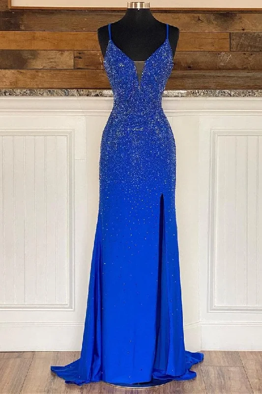 Royal Blue Beaded V-Neck Mermaid Long Prom Dress