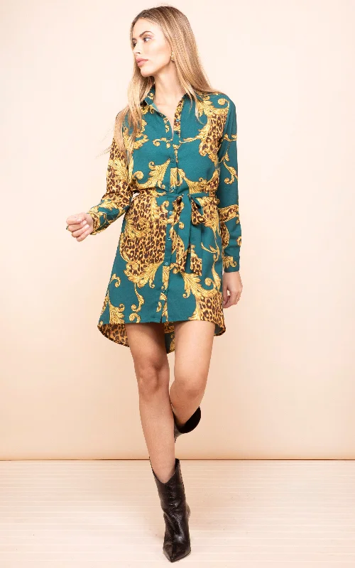 Amaris Mini Shirt Dress in Green Baroque