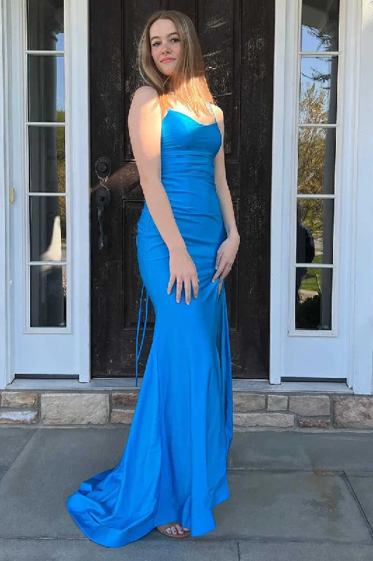 Blue Straps Lace-Up Mermaid Long Prom Gown