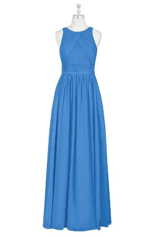 Blue Crew Neck Sleeveless A-Line Long Maid of Honor Dress