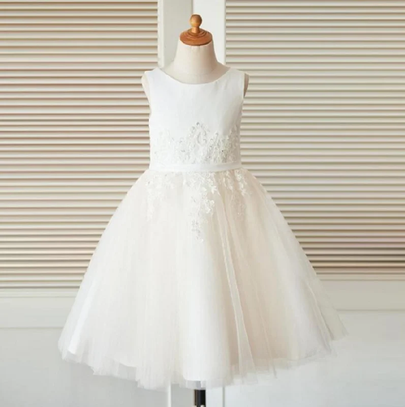 Scoop White Sleeveless Unique New Flower Girl Dresses, Junior Bridesmaid Dresses, FG090