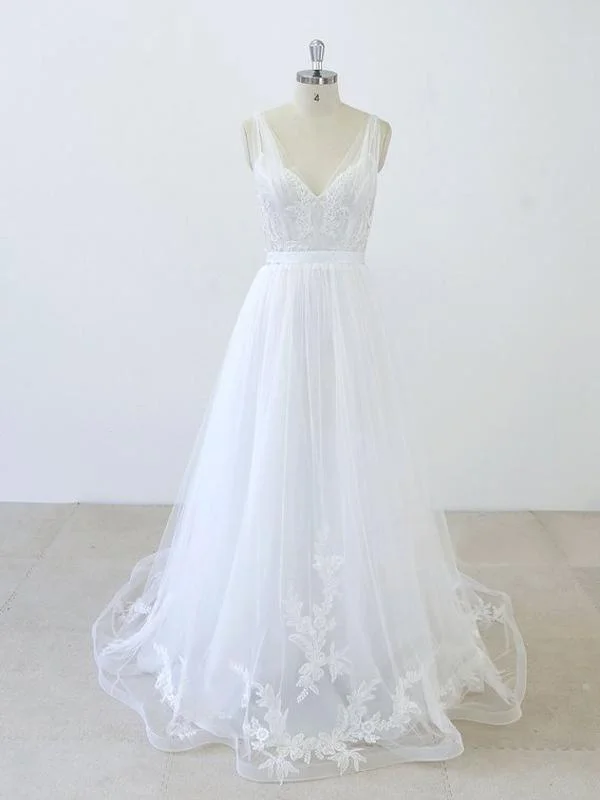 Simple V Neck Lace Chapel Tail A-line White Wedding Dresses Online, WD372