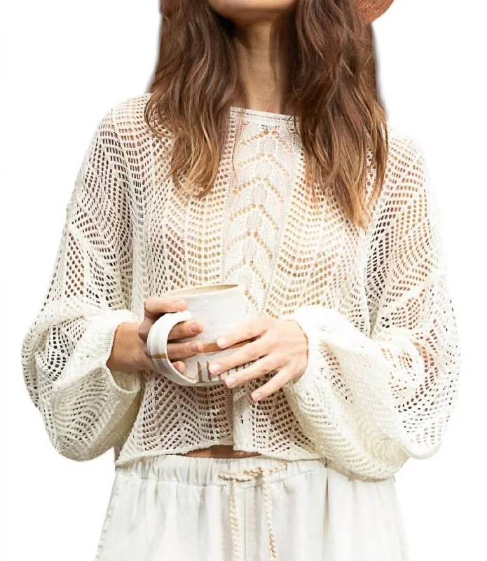 Openwork Balloon Sleeve Knit Cover Up In Ivory