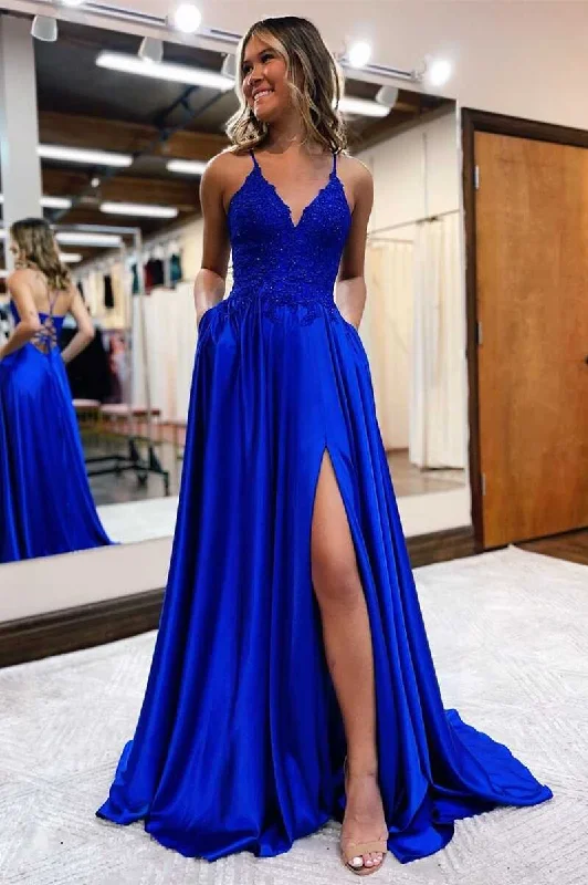 Royal Blue Lace Lace-Up Long Prom Dress