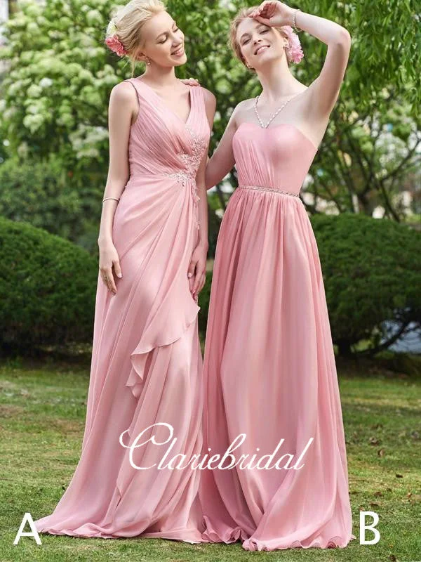 Mismatched Pink Chiffon Lace Beaded Long Bridesmaid Dresses