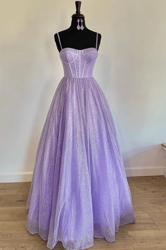 Purple Spaghetti Straps Tulle Sweetheart Pleated Long Prom Dress