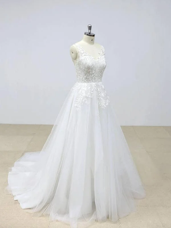 Elegant Backless Lace V Neck Tulle A-line Cheap Wedding Dresses Online, WD390