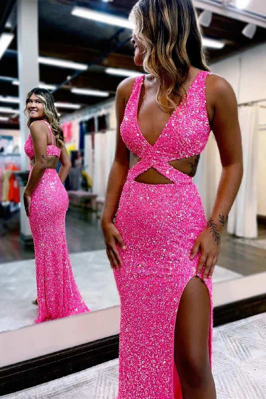 Hot Pink Sequin Cross-Front Cutout Long Prom Dress with Slit