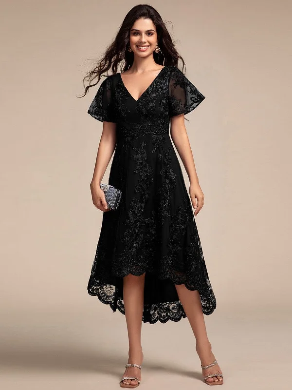 Bonnie | Embroidered Mesh Double V-Neck Short Sleeves Midi Wedding Guest Dress