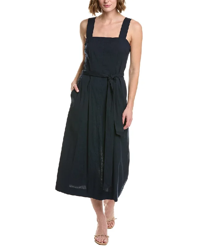 Vince Belted Square Neck Linen-Blend Midi Dress