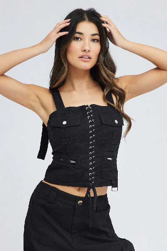 Black Cargo Top Sleeveless Square Neck Longline Utility